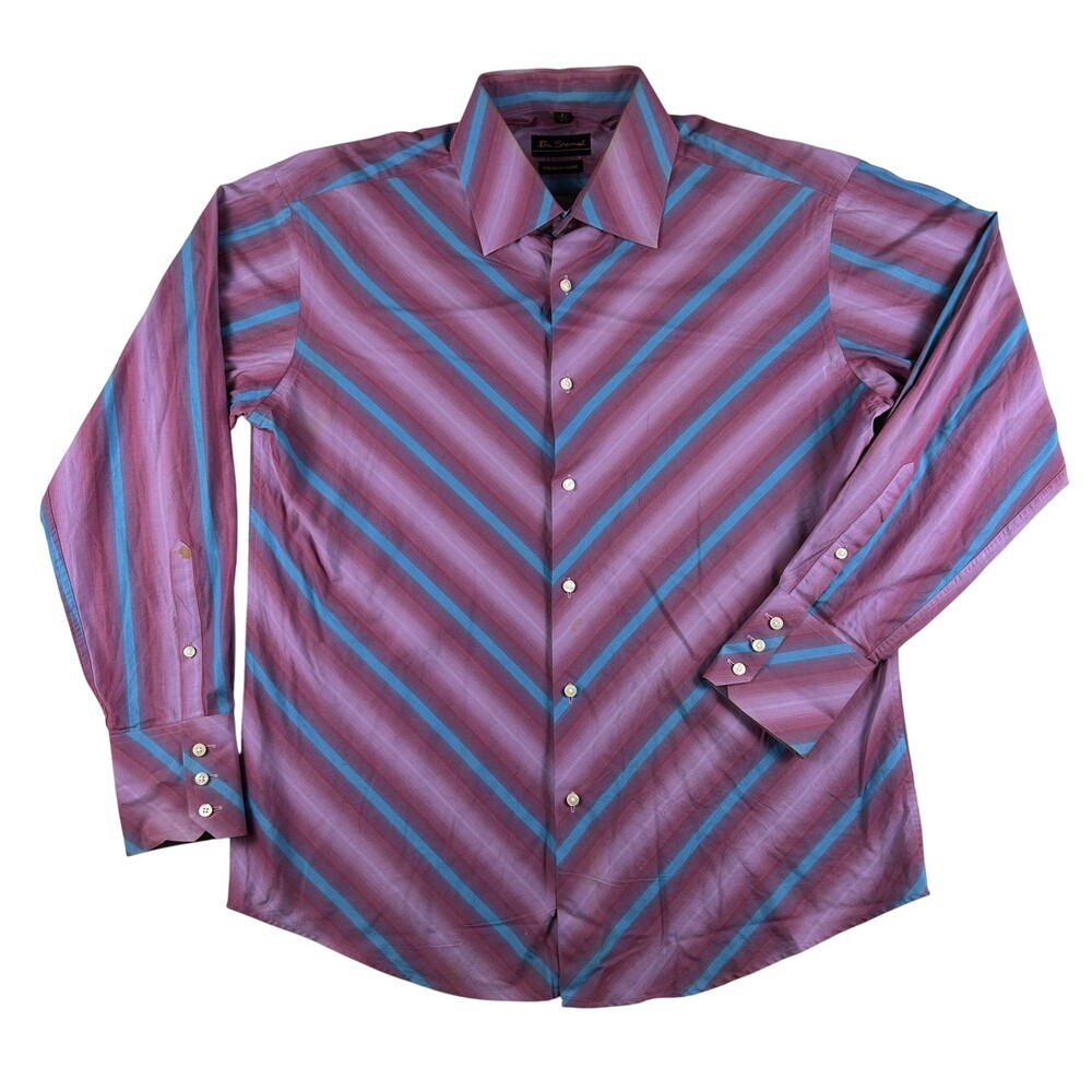 Ben Sherman Dress Shirt Mens Large Pink Stripe Regular Fit Cotton Long Sleeve